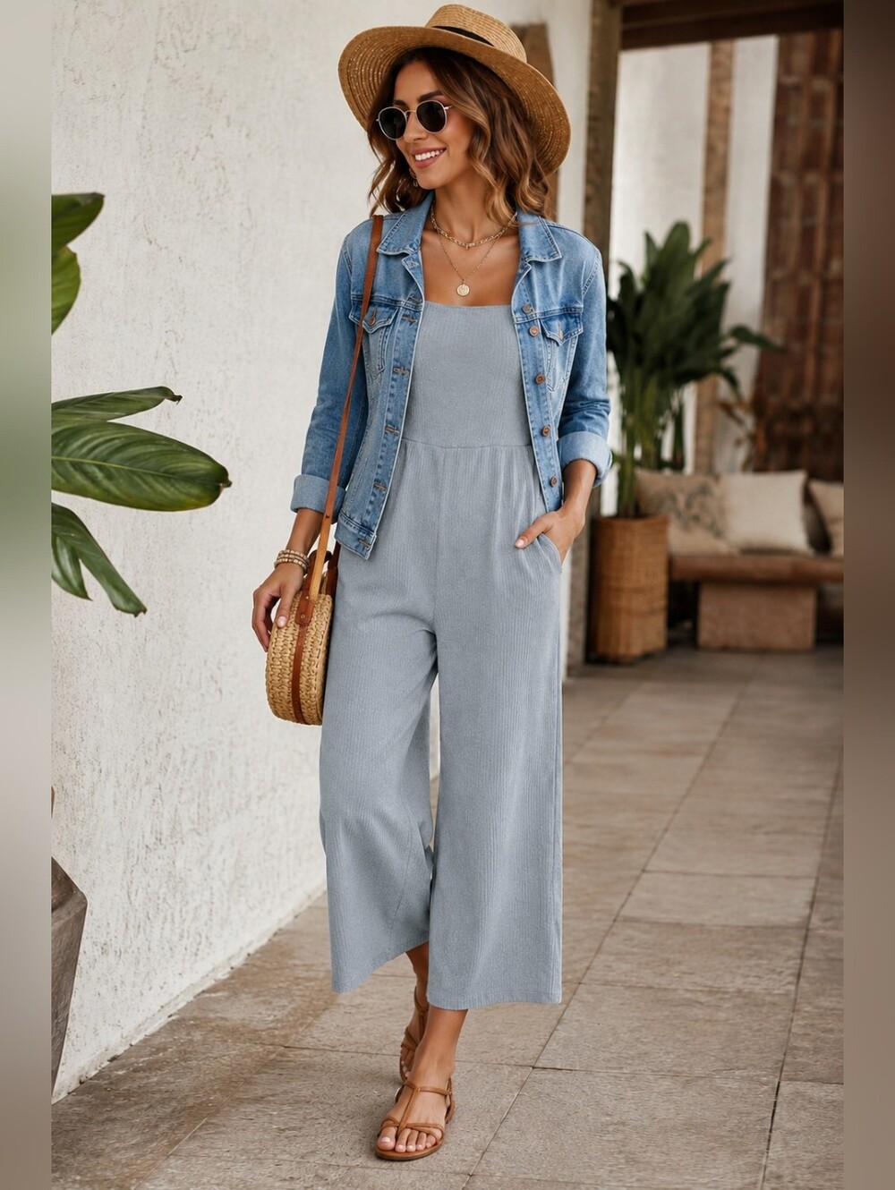 WIld Fable Ribbed Square-Neck Jumpsuit in Gray